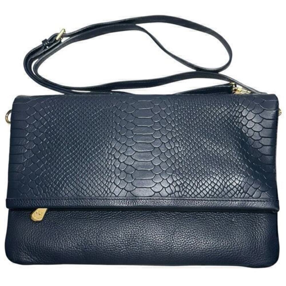 GiGi New York Navy Blue Leather Carly Fold Over  Clutch Crossbody Bag
